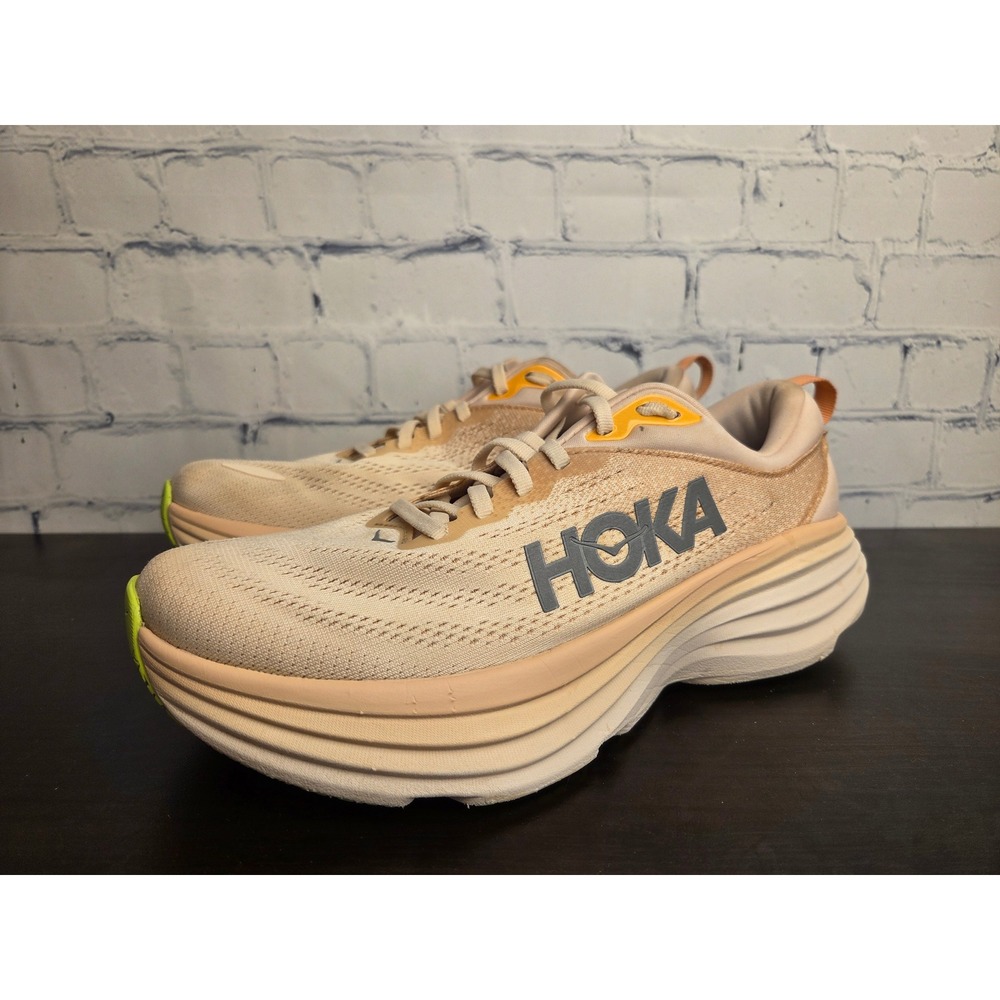 Hoka Bondi 8 Women Running Shoes Sz 9.5D Cream Peach Green Cushioned Sneakers